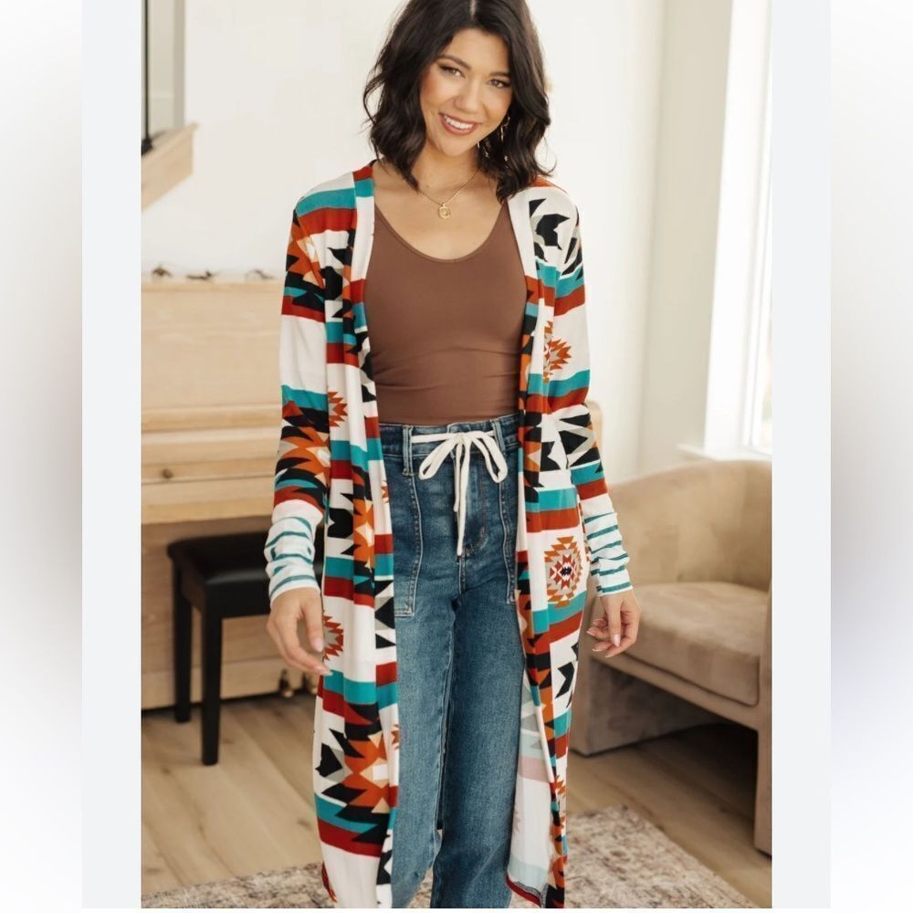 Ladies One Eleven North‎ Brand Aztec Print Long Duster Open Front Sweater Medium